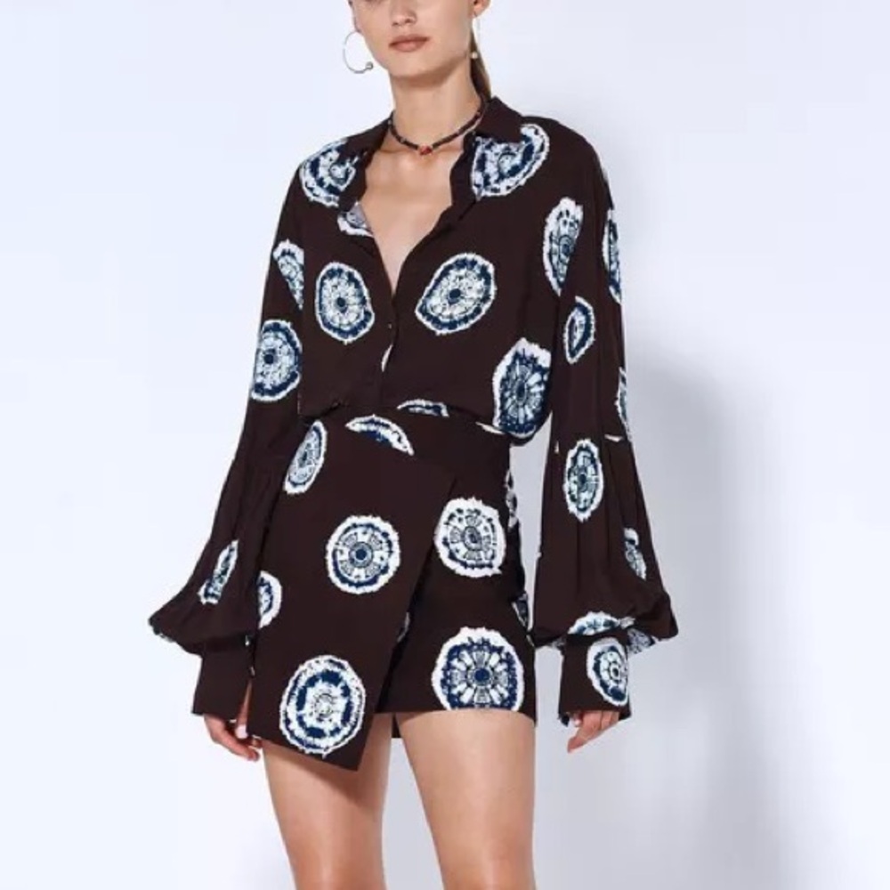 Alexis “Merlin” sapphire brown tie dye circle pattern button down blouse top S - Picture 2 of 9